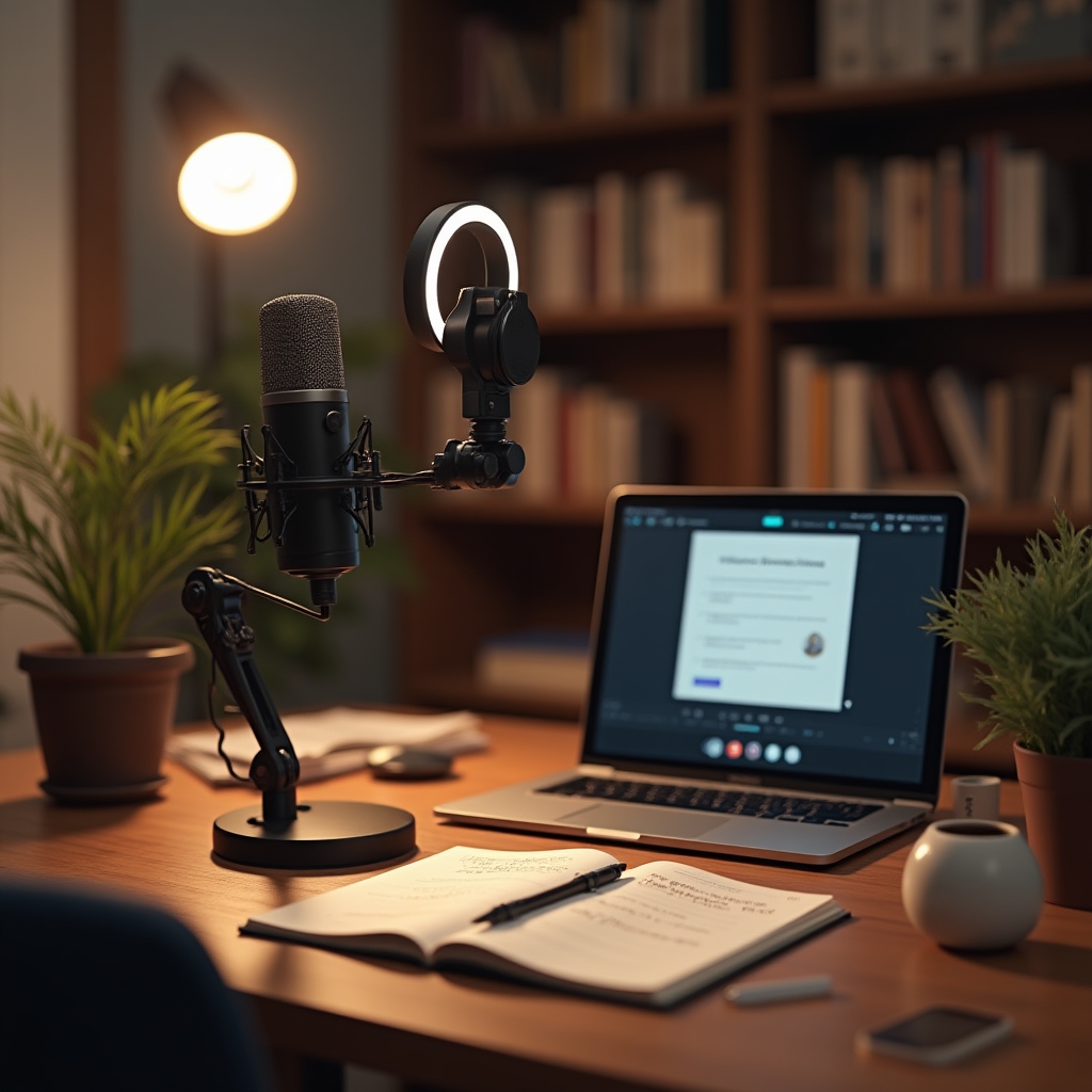 Nahrávací pracoviště pro webinář s notebookem, mikrofonem a poznámkovým blokem